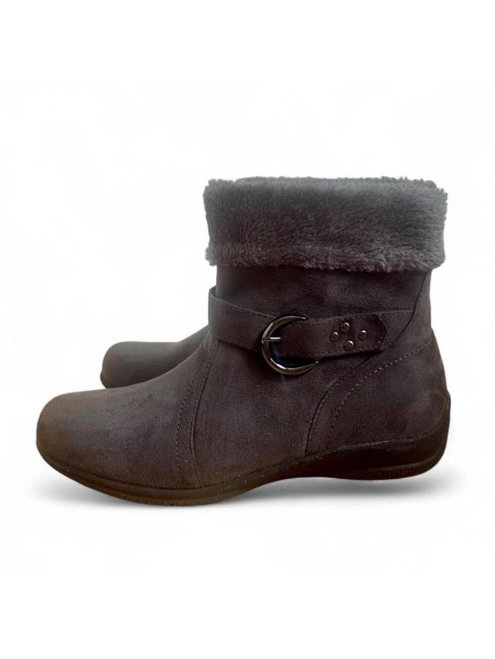 Judith Women’s Gray Faux Fur Ankle Boots Buckle Winter Booties size US 7.5